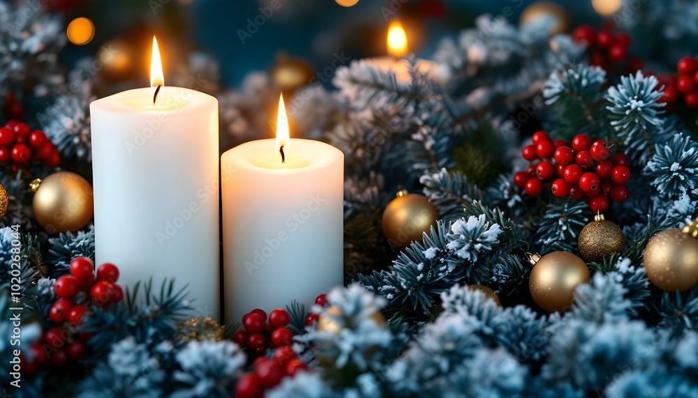 Cozy Christmas Composition with Candles, Fir Branches, Red Berries, and Golden Ornaments Cozy Christmas Composition with Candles, Fir Branches, Red Berries, and Golden Ornaments