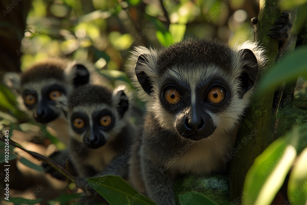 Fototapeta premium Three curious lemurs peering through lush greenery in a natural habitat.