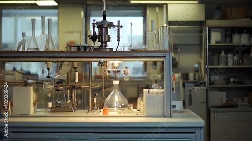 28. A fume hood surrounded by advanced scientific equipment