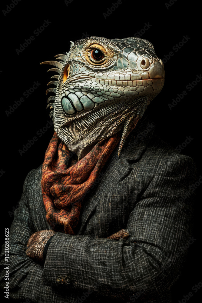 Surreal image of iguana wearing coat. Creative portrait of wild animal on abstract background. Anthropomorphic animal Surreal image of iguana wearing coat. Creative portrait of wild animal on abstract background. Anthropomorphic animal