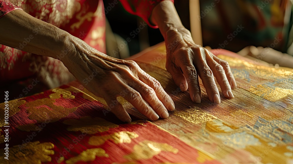 A close-up of the weaver hands as they work on hand-woven Thai silk, focusing on the craftsmanship and intricate designs A close-up of the weaver hands as they work on hand-woven Thai silk, focusing on the craftsmanship and intricate designs
