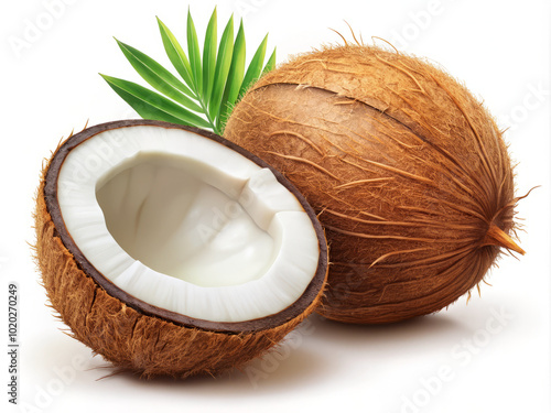 Fresh coconut and half coconut with green palm leaf, showcasing natural texture and color of fruit. Perfect for tropical themes and culinary uses