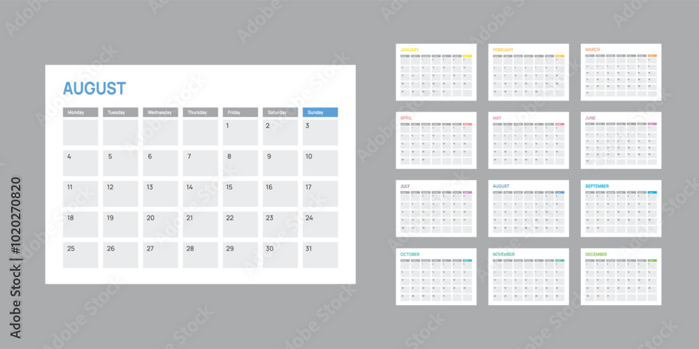 2025 Calendar week start Monday 12 month color corporate design template vector. 2025 Calendar week start Monday 12 month color corporate design template vector.