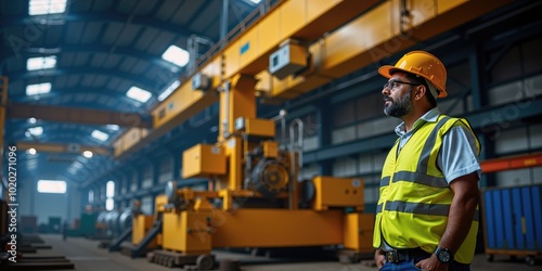 Indian Industrial Mechanic with Safety Vest Monitoring Large Machinery at Warehouse