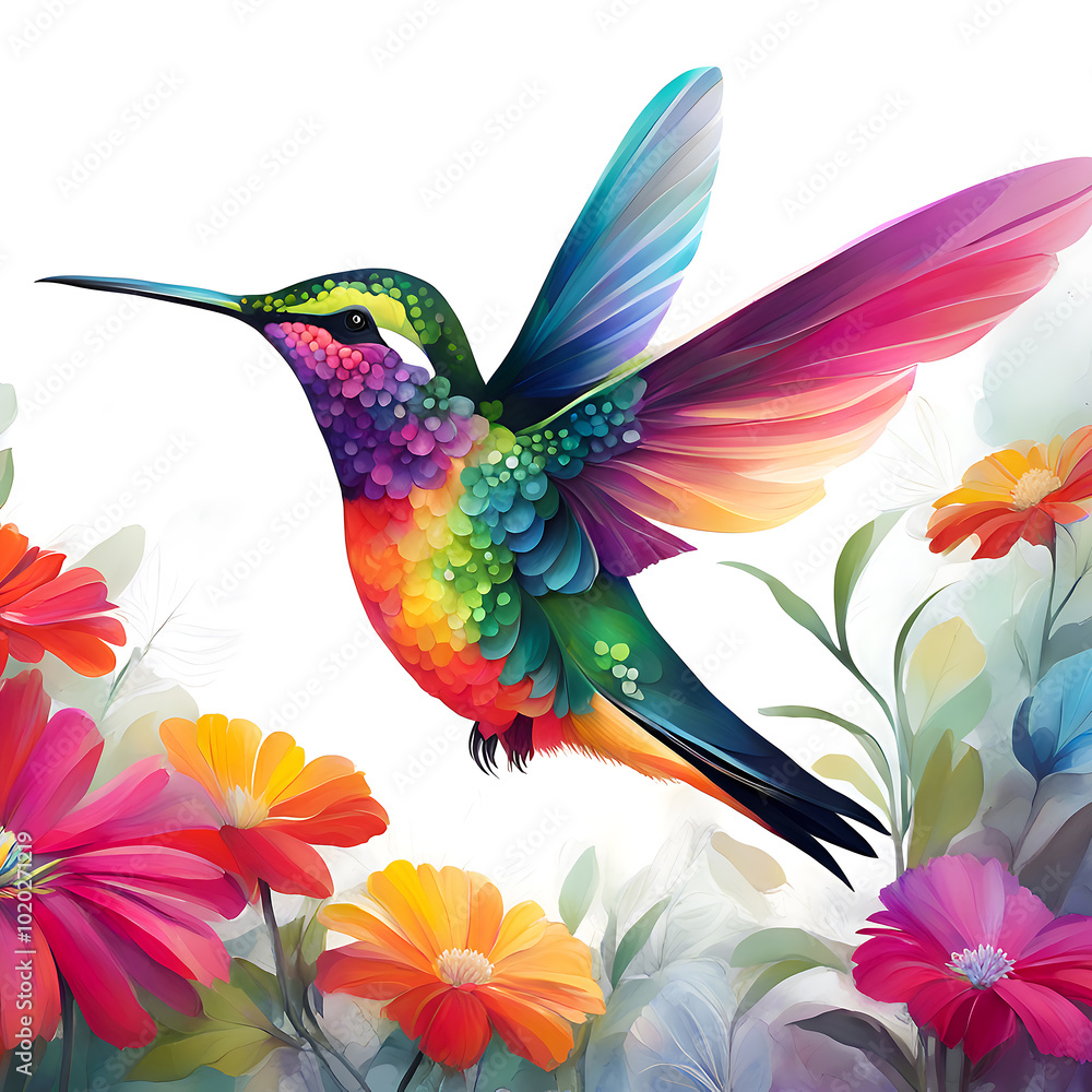 Little bird Hummingbird close-up with a flowers painted on a light background abstract decorative painting Little bird Hummingbird close-up with a flowers painted on a light background abstract decorative painting