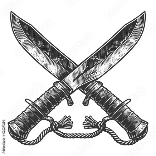 crossed Machete hunting knives, evoking a vintage engraving style sketch engraving generative ai vector illustration. Scratch board imitation. Black and white image.