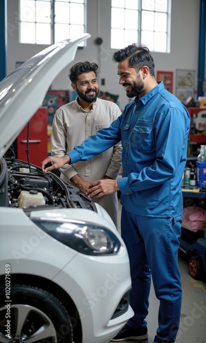 Indian Mechanic Explaining Car Repair Process to Male Customer at Garage Workshop