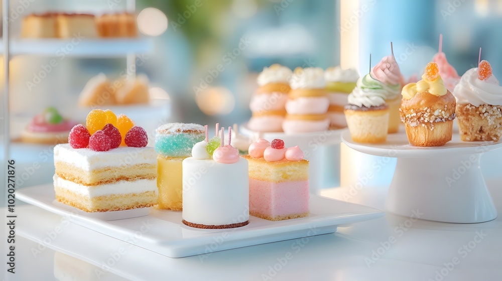 Exquisite Petit Four Pastries with Intricate Candy in Elegant French Patisserie Setting Exquisite Petit Four Pastries with Intricate Candy in Elegant French Patisserie Setting