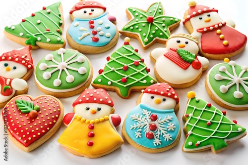 Assorted Christmas sugar cookies decorated with colorful icing, on a white background