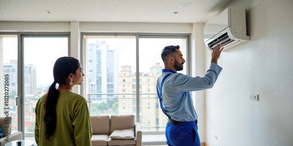 Indian Male Technician Assisting Homeowner with Air Conditioner Operation and Repairs Indian Male Technician Assisting Homeowner with Air Conditioner Operation and Repairs
