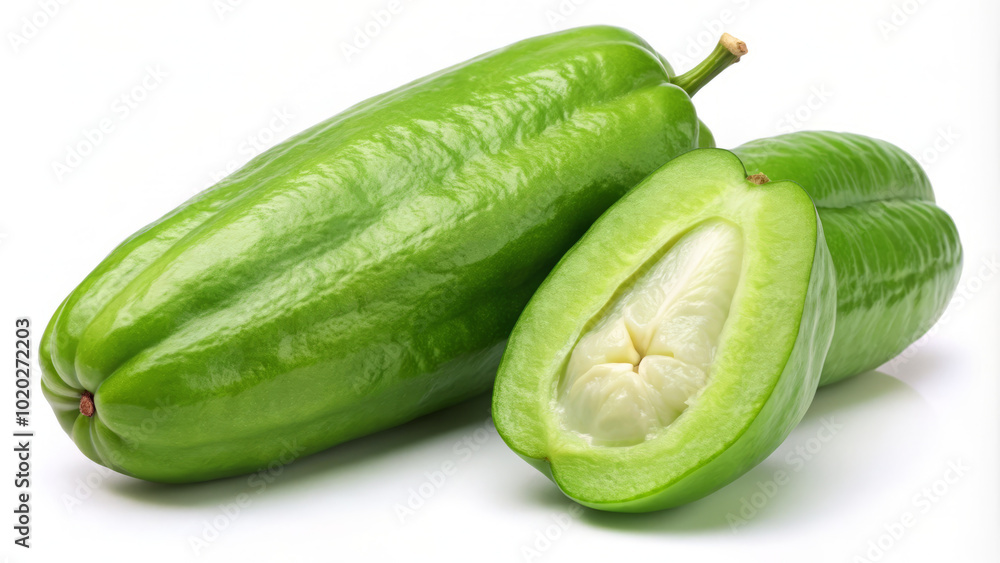 Fresh bilimbi fruit, showcasing whole and halved piece, highlighting its vibrant green color and unique texture. This tropical fruit is known for its tangy flavor and culinary uses Fresh bilimbi fruit, showcasing whole and halved piece, highlighting its vibrant green color and unique texture. This tropical fruit is known for its tangy flavor and culinary uses