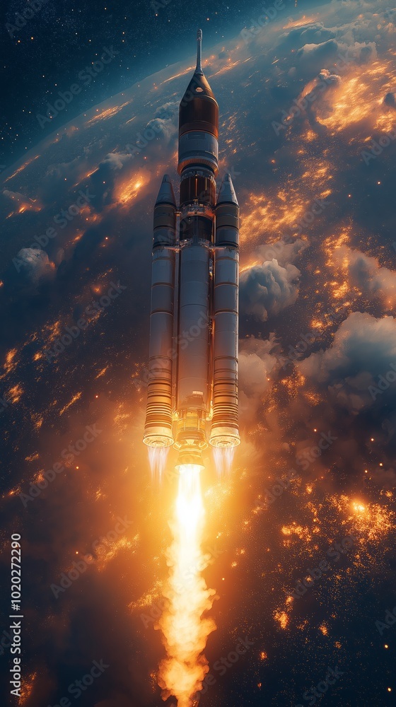 Fototapeta premium A powerful rocket takes off from Earth, leaving a trail of fire and smoke as it ascends into space