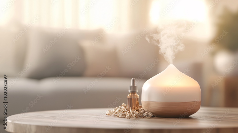 Essential oils and dried flowers on a wooden table, holistic healing setup, 3D illustration Essential oils and dried flowers on a wooden table, holistic healing setup, 3D illustration