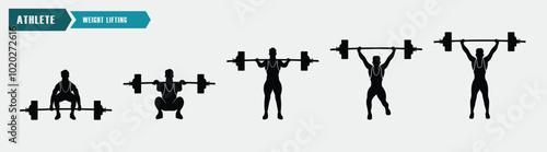 set of weightlifting athlete designs, silhouette style, step by step athlete movements, editable vector eps 10.