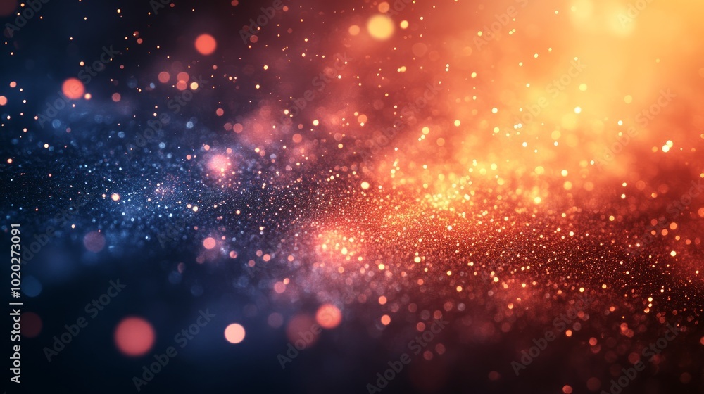 Abstract background with blue and orange glowing particles and bokeh effect. Abstract background with blue and orange glowing particles and bokeh effect.
