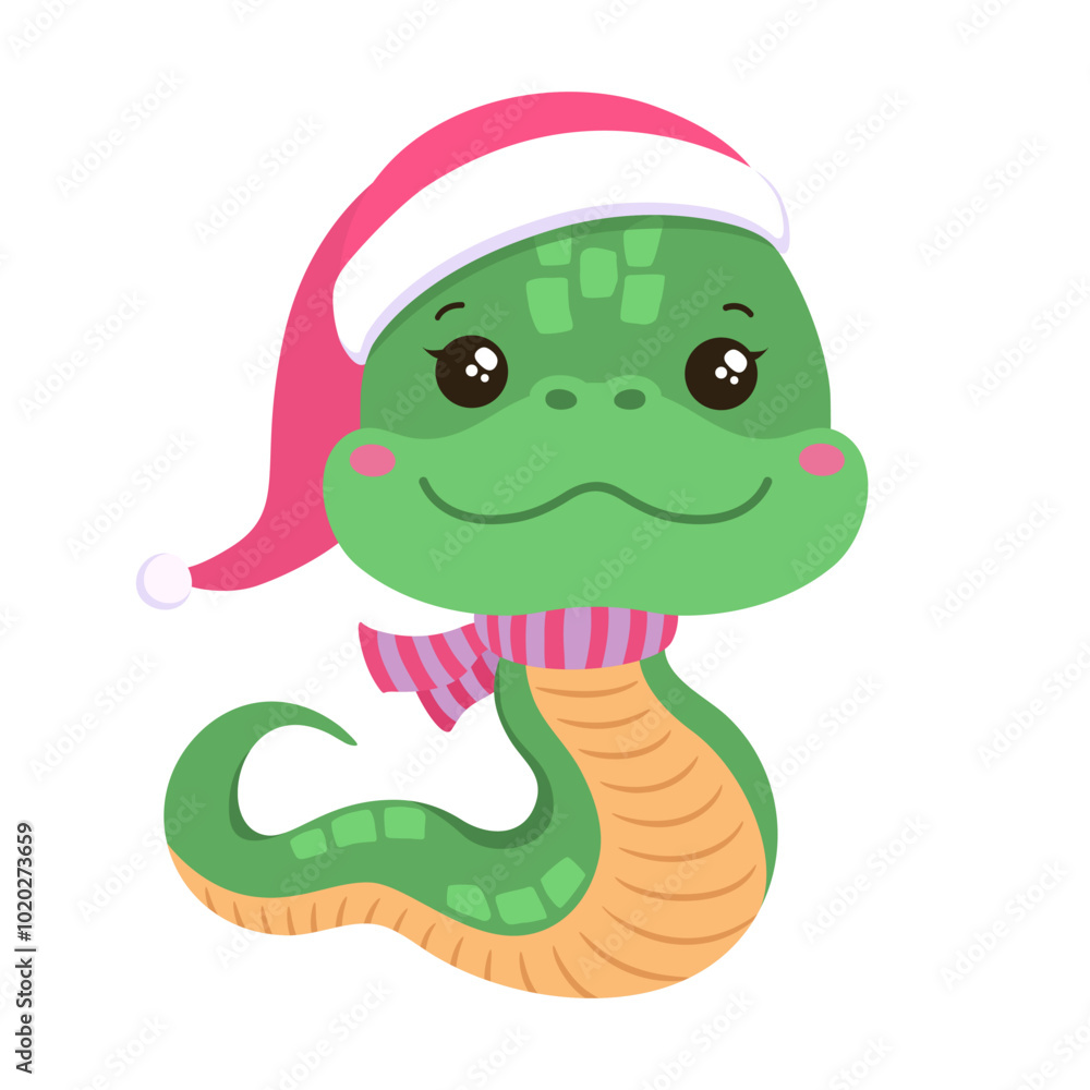 Cute snake kawaii character Chinese lunar new year symbol. Cartoon snake isolated. Whimsical character oriental zodiac green snake wearing Christmas hat and scarf. Good for winter holiday fun design. Cute snake kawaii character Chinese lunar new year symbol. Cartoon snake isolated. Whimsical character oriental zodiac green snake wearing Christmas hat and scarf. Good for winter holiday fun design.