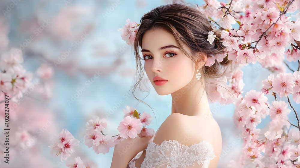 Pensive Woman Surrounded by Delicate Cherry Blossoms in Romantic Ethereal Setting Pensive Woman Surrounded by Delicate Cherry Blossoms in Romantic Ethereal Setting