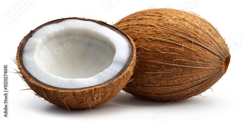 Coconut is tropical fruit known for its hard shell and delicious white flesh. This showcases whole coconut alongside halved coconut, highlighting its unique texture and natural beauty