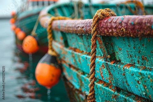 Close up of fishing nets with orange floats on a boat in the sea, capturing maritime life photo