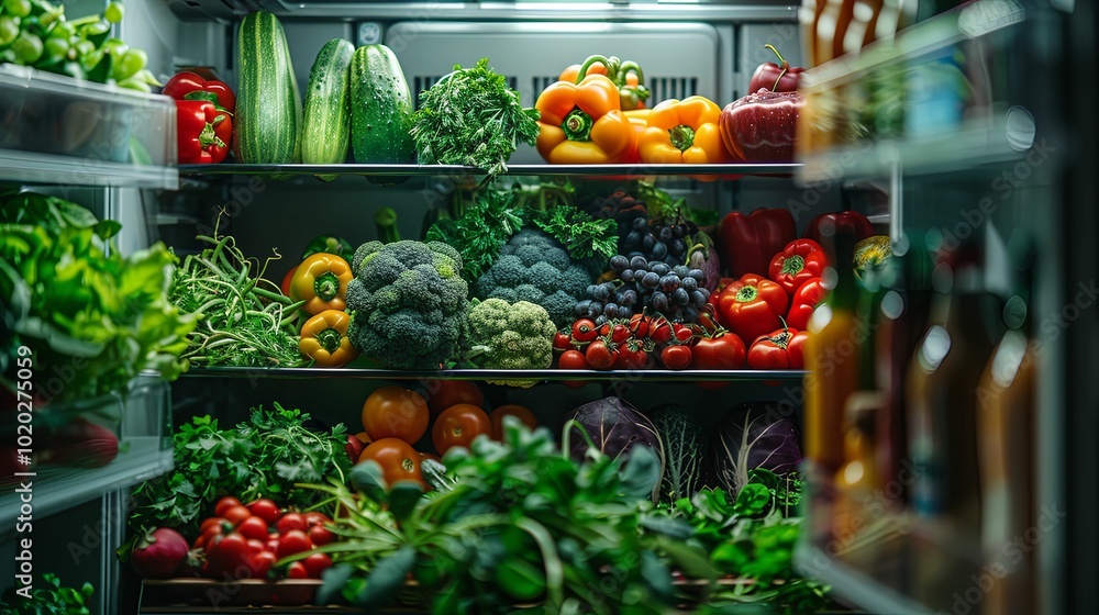 A Full Refrigerator with Fresh Produce and Vegetables A Full Refrigerator with Fresh Produce and Vegetables