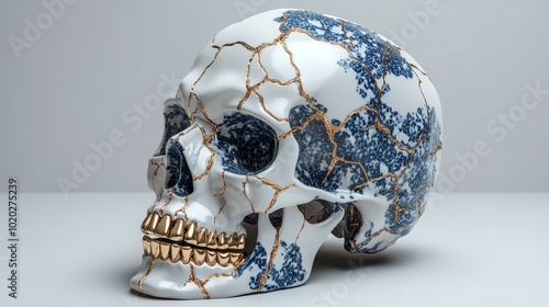 The finely restored human skull is made of Lisbon white and blue porcelain, showcasing detailed gold repair techniques. Front view, with a white background photo