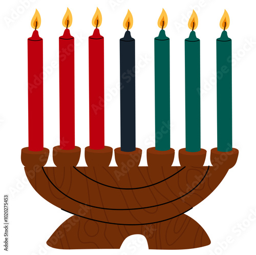 Happy Kwanzaa. Traditional candle holder - Kinara with 7 candles, symbolizing principles of Kwanzaa. African American cultures festival. 