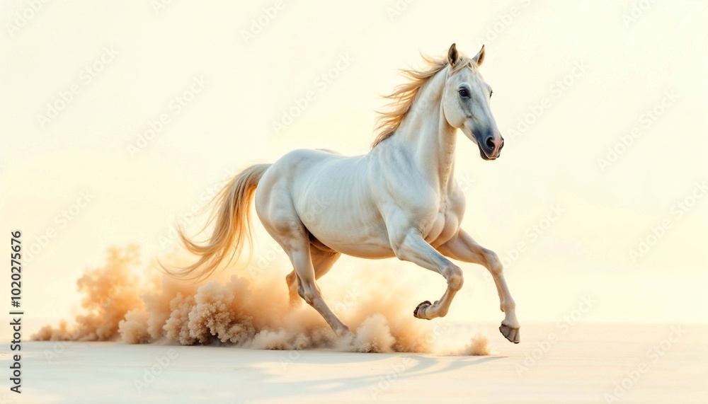 Majestic white horse running across sandy terrain with dust rising from its hooves, illuminated by soft sunlight, showcasing power and grace in motion. Majestic white horse running across sandy terrain with dust rising from its hooves, illuminated by soft sunlight, showcasing power and grace in motion.