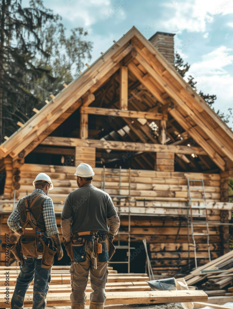 Wooden house under construction with two workers in safety gear standing on the construction site. Concept of building, architecture, and home construction Wooden house under construction with two workers in safety gear standing on the construction site. Concept of building, architecture, and home construction