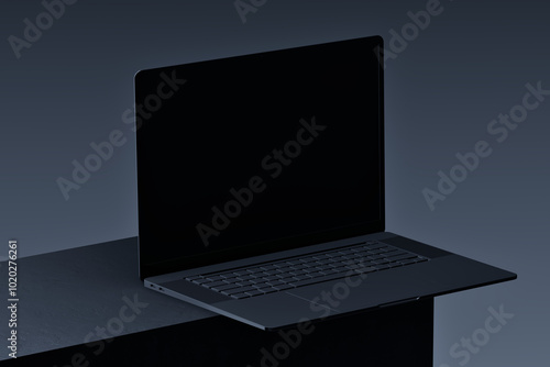 Wallpaper Mural Black Laptop Minimalist Mockup: A sleek, black laptop with a blank screen sits on a dark surface, providing a clean and modern canvas for your design or message.   Torontodigital.ca