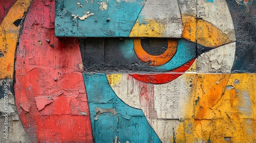 Abstract colorful eye mural on weathered brick wall.