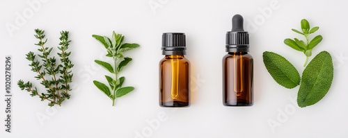 Natural healing space with essential oils and herbs arranged neatly, 3D illustration