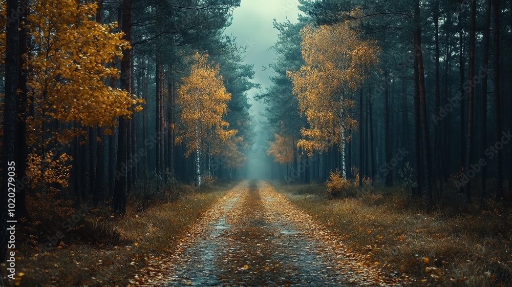 Obraz premium The dark and eerie forest with Tarkovsky style showcases a cinematic atmosphere and realistic details. The grainy texture of the film and the distant sea of clouds add a mysterious beauty to the scene