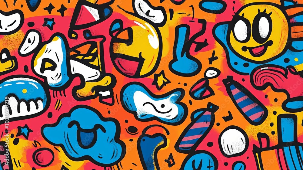 Abstract Colorful Doodle Art with Smiling Faces and Geometric Shapes Abstract Colorful Doodle Art with Smiling Faces and Geometric Shapes