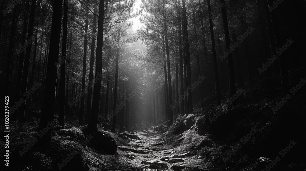 Obraz premium The dark and eerie forest with Tarkovsky style showcases a cinematic atmosphere and realistic details. The grainy texture of the film and the distant sea of clouds add a mysterious beauty to the scene