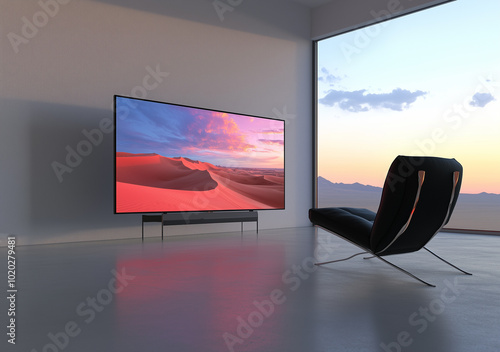 In the middle of an empty room, there is a sleek and modern flat-screen television set on its stand, displaying vibrant colors