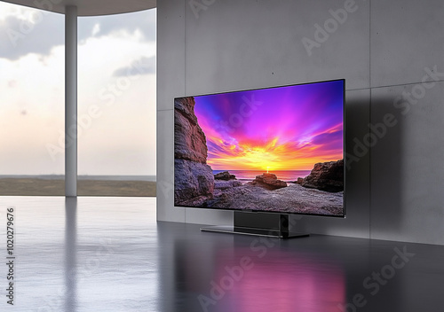 A sleek, modern flat-screen television set in an empty room with minimalist decor. The screen is displaying vibrant colors and high contrast, showcasing the advanced technology of the TV