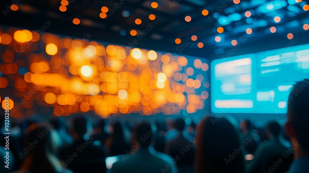 Audience at a Presentation with Blurry Lights and Screen Audience at a Presentation with Blurry Lights and Screen