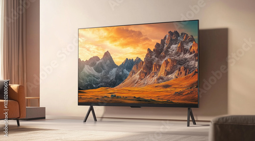 A large flat-screen television is mounted on the wall of an empty living room. The TV has dark wood legs and stands next to a sofa