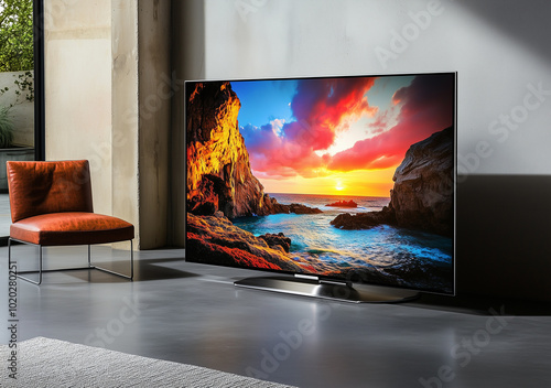 A large, flat-screen television with a sleek, silver frame is placed on the floor of an empty room, displaying vibrant colors and intricate details