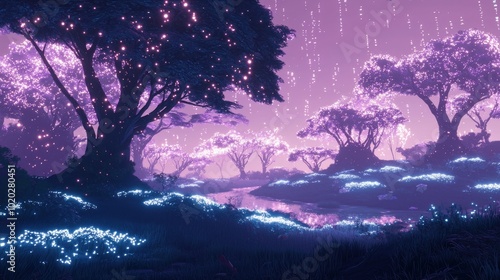 Enchanting Nocturnal Forest Landscape with Glowing Celestial Phenomena in the Starry Night Sky