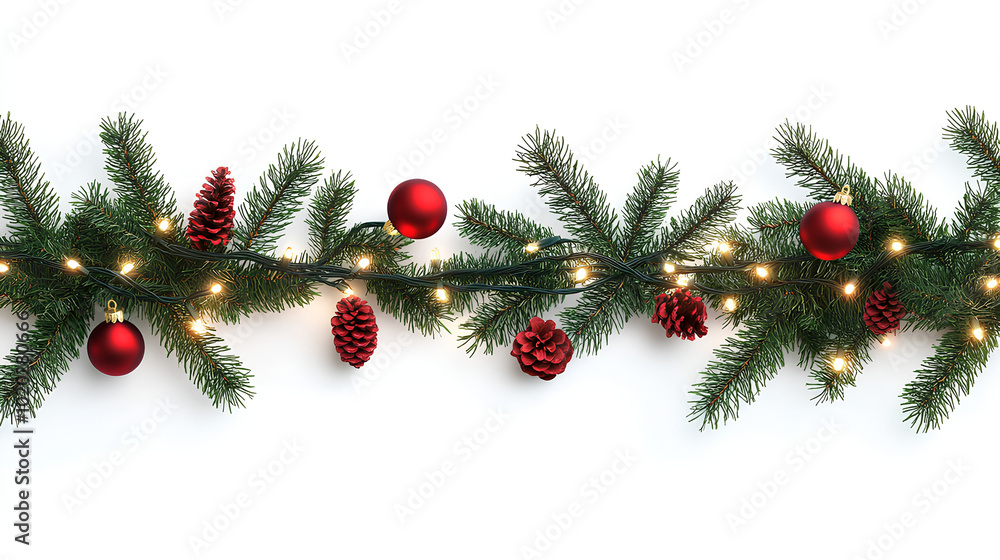 A Christmas garland made of pine branches, adorned with red ornaments and string lights, set against a white background. A Christmas garland made of pine branches, adorned with red ornaments and string lights, set against a white background.