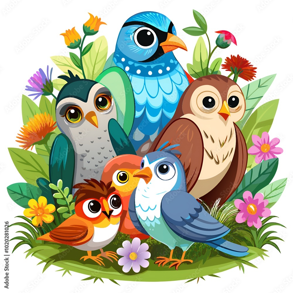 Naklejka premium A group of birds are standing in a field of flowers
