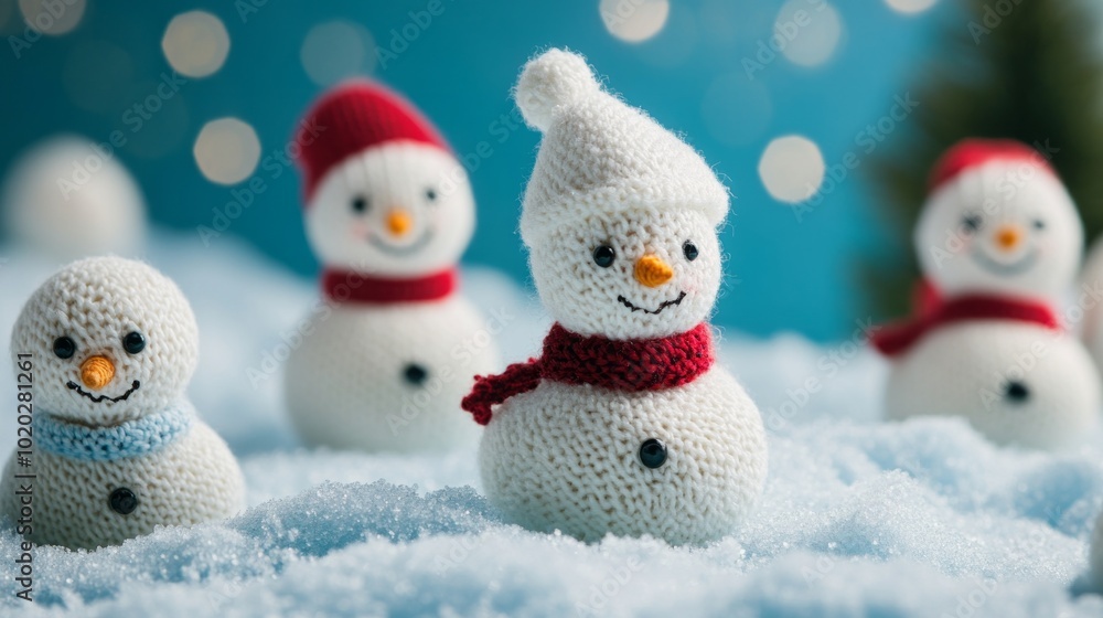Obraz premium Charming handmade snowman on a blanket of white snow against a soft blue background, perfect for holiday greetings, christmas decor, and winter-themed designs, evoking a whimsical and cozy atmosphere