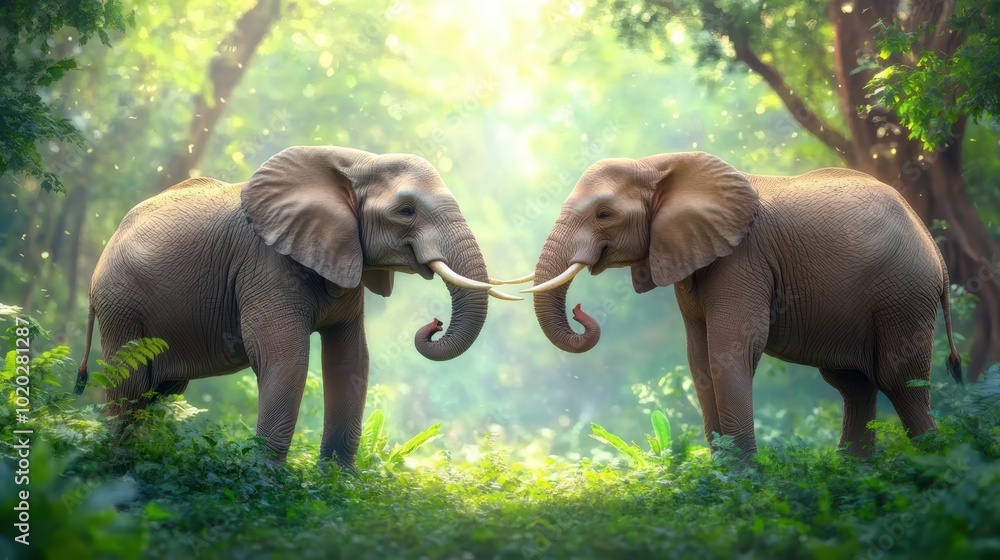 Fototapeta premium Two elephants touching trunks in a lush jungle, symbolizing connection and affection.