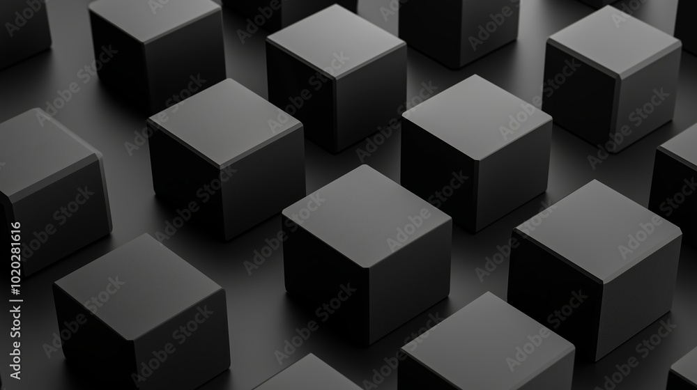 Modern minimalist arrangement of black cubes on a dark surface illuminated by soft lighting in an abstract composition Modern minimalist arrangement of black cubes on a dark surface illuminated by soft lighting in an abstract composition