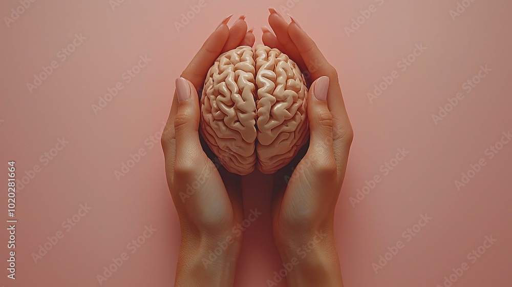A serene image for Mental Health Day, featuring hands cradling a brain cutout against a soft pink background, ideal for promoting mental wellness and mindfulness. A serene image for Mental Health Day, featuring hands cradling a brain cutout against a soft pink background, ideal for promoting mental wellness and mindfulness.