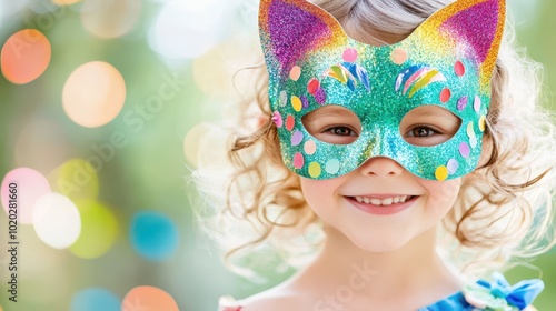 A young girl smiles in a colorful glitter cat mask, surrounded by bokeh lights. Concept: joy, magic. photo