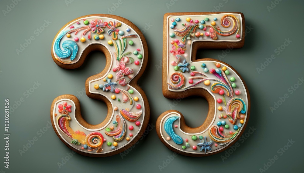 Decorated cookie, number 35, illustration for birthday or anniversary celebration Decorated cookie, number 35, illustration for birthday or anniversary celebration
