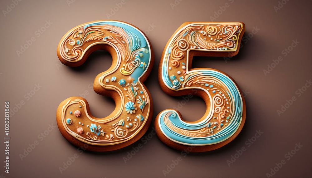 Naklejka premium Decorated cookie, number 35, illustration for birthday or anniversary celebration