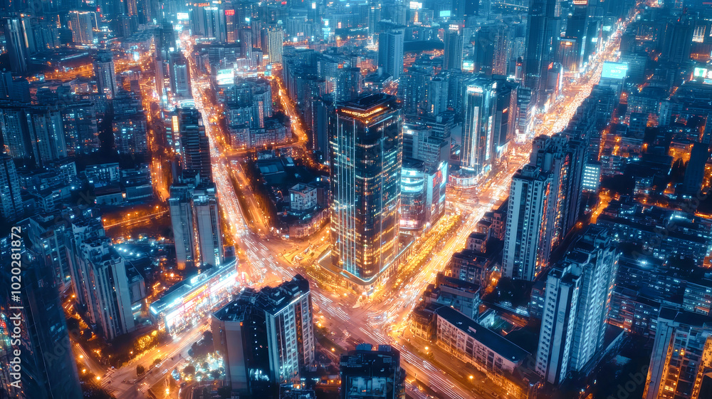 Aerial view of a vibrant modern cityscape featuring illuminated skyscrapers and traditional architecture during nighttime Aerial view of a vibrant modern cityscape featuring illuminated skyscrapers and traditional architecture during nighttime